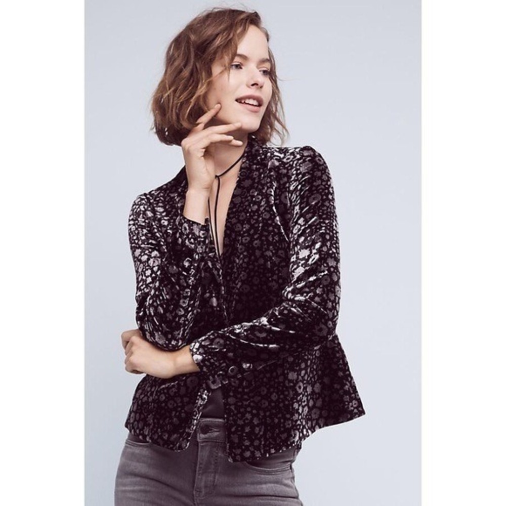Anthropologie ELEVENSES Lumi Velvet Blazer Jacket Floral Black Silver Size 2